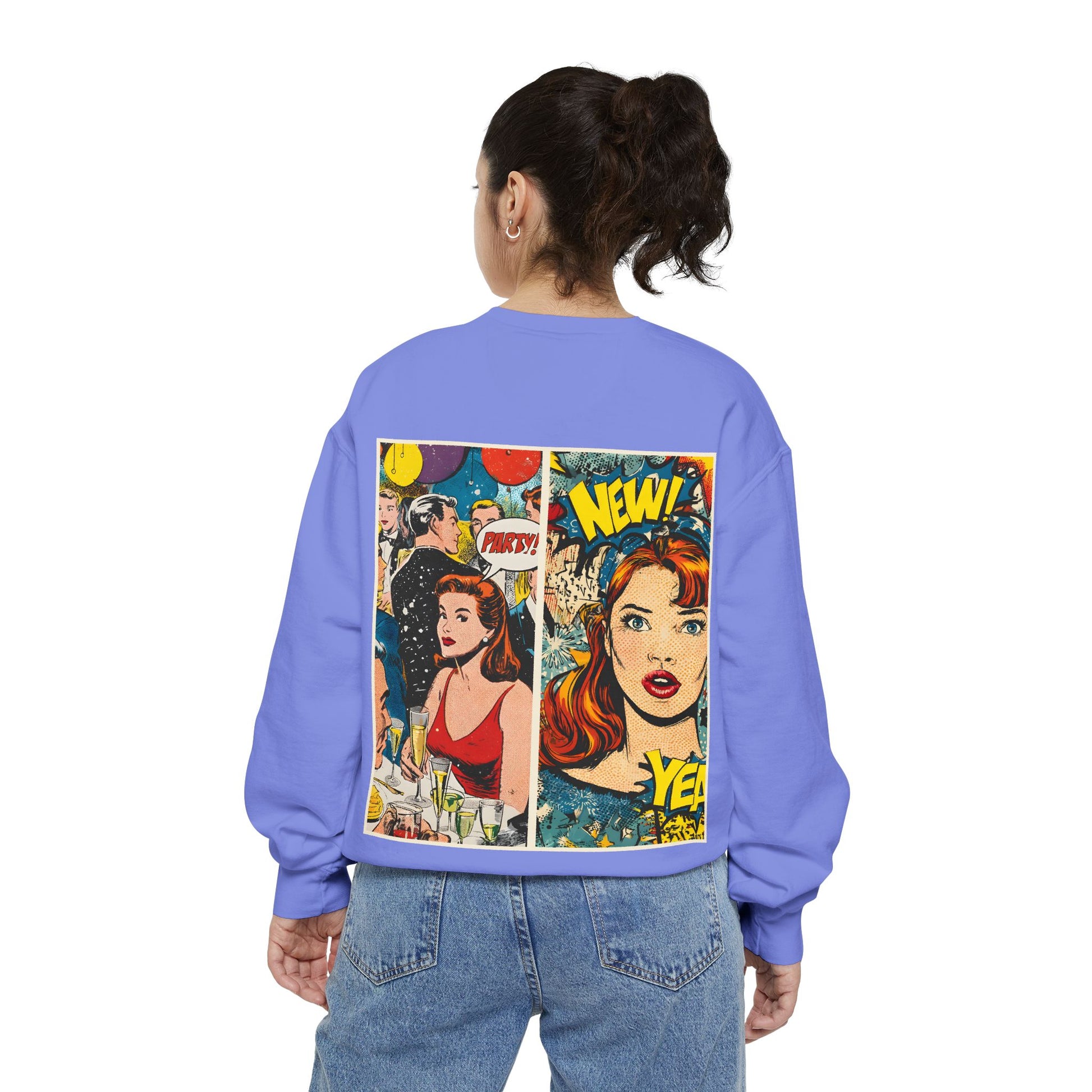 Person wearing a purple sweatshirt with comic book-style graphics on a white background.Back view 