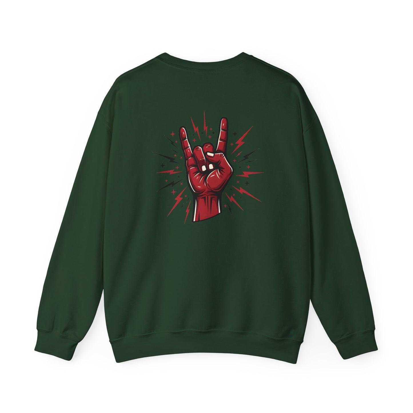 Rock hand sign on green sweatshirt back