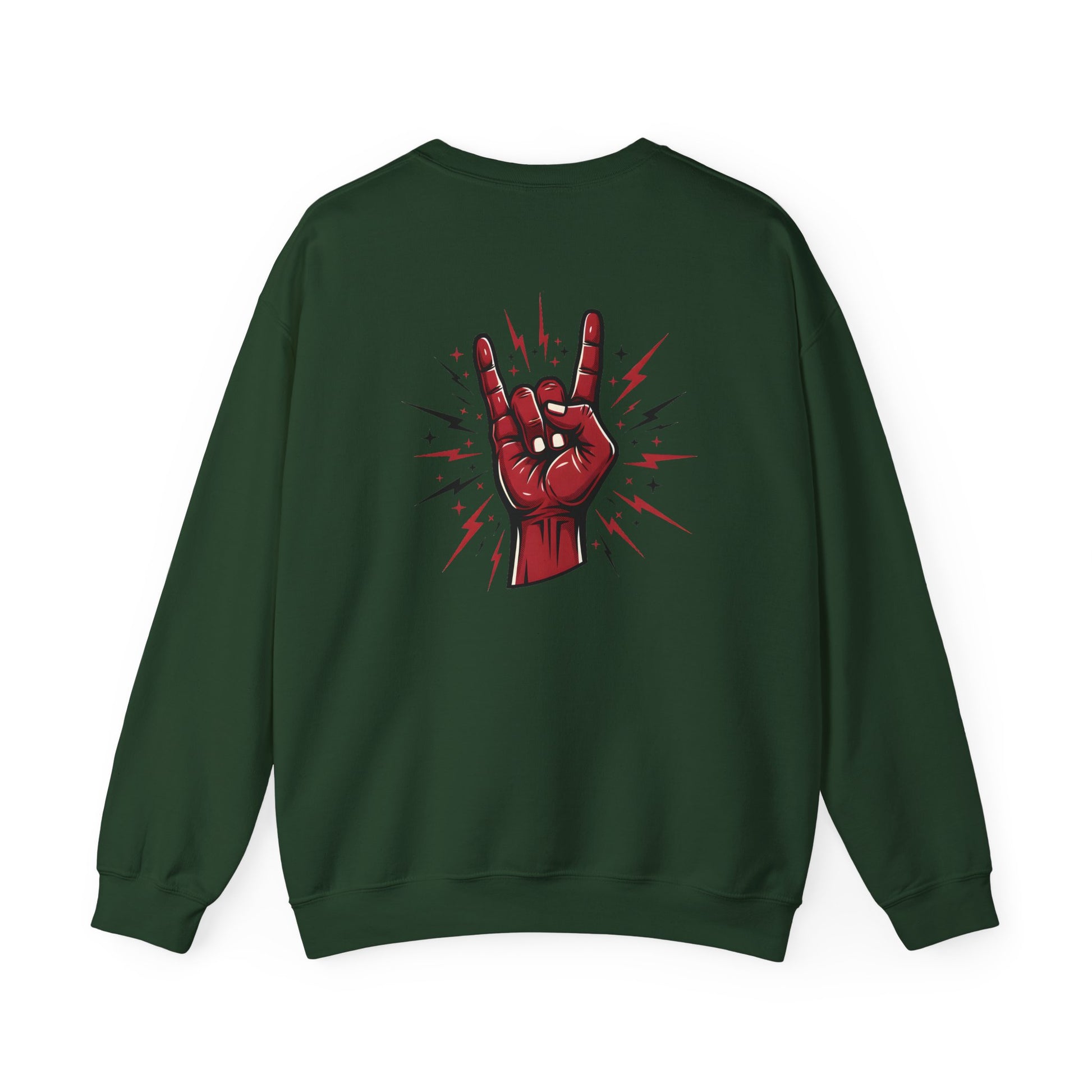 Rock hand sign on green sweatshirt back