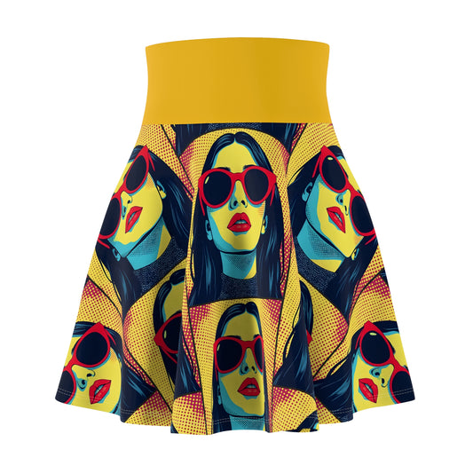 Pop art portrait skater skirt with halftone print and red sunglasses - front view