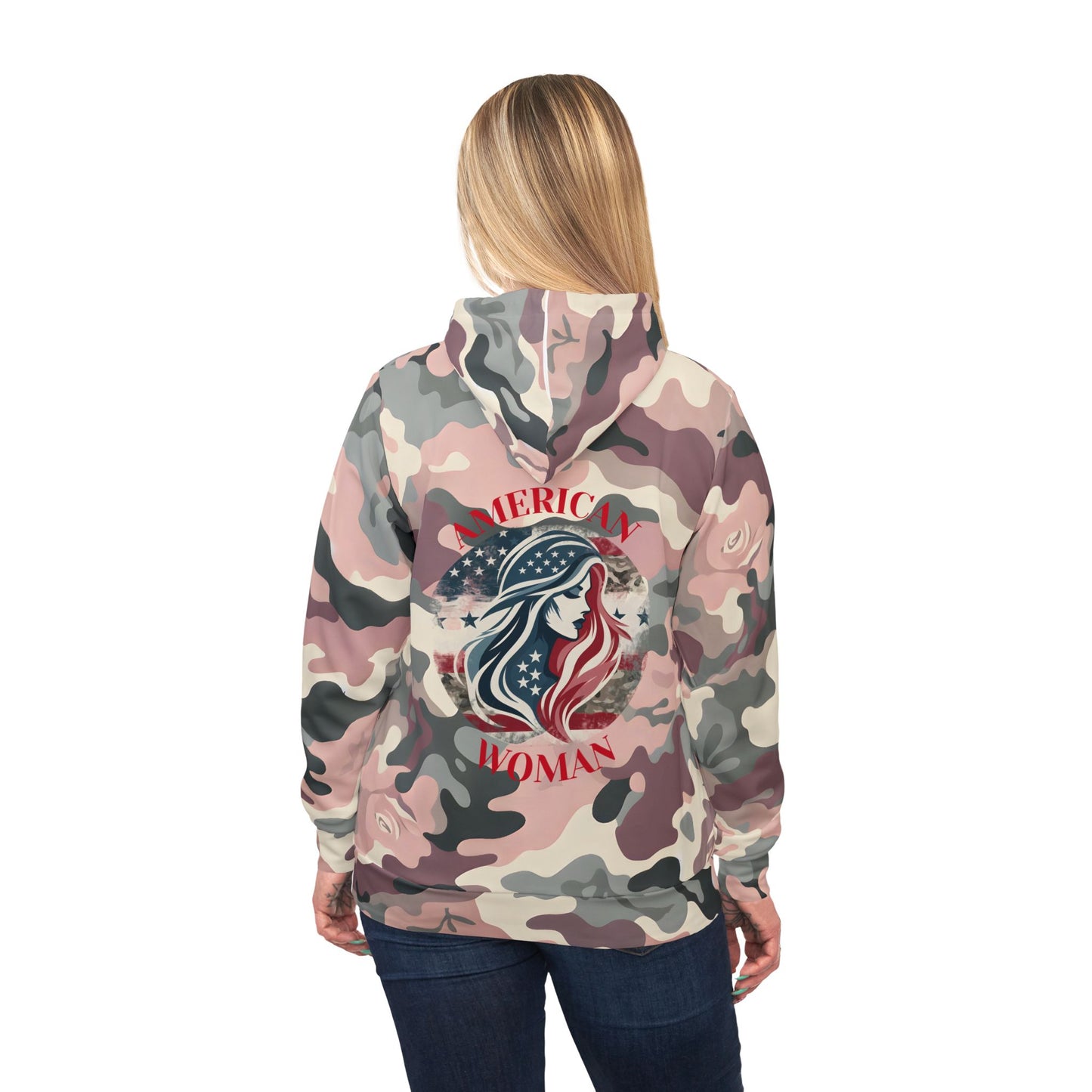 American Woman  Hoodie – Camo Style with  Back Graphic.