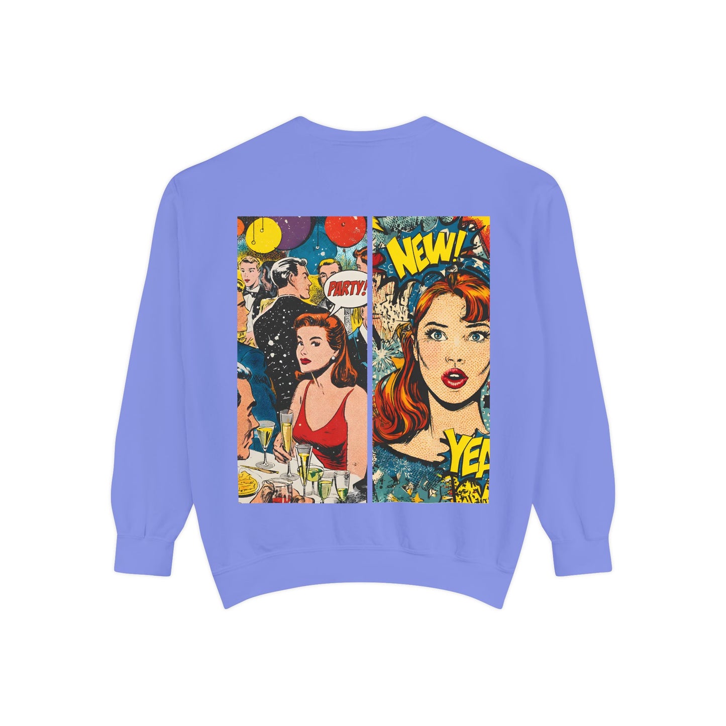 Comic Pop Art Sweatshirt — Retro Romance and Party Panels Graphic Pullover
