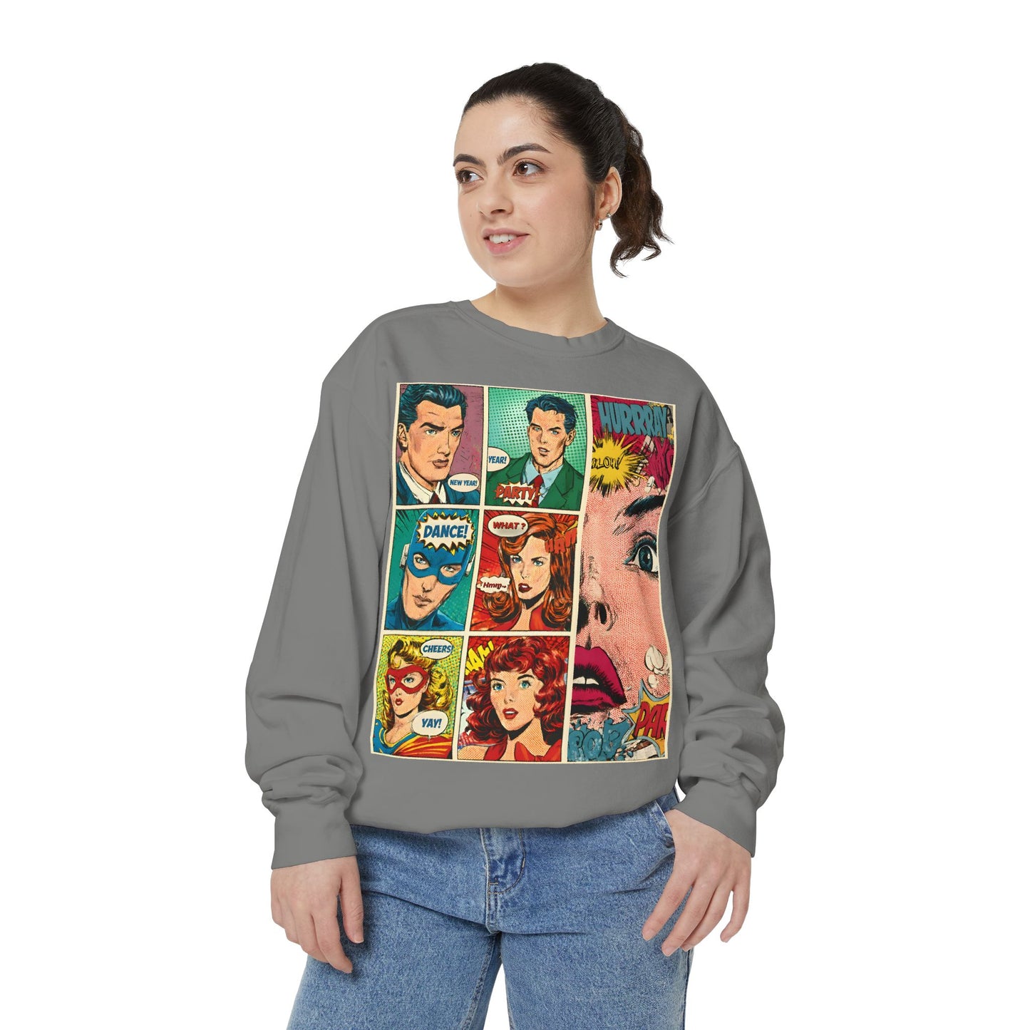 Person wearing a gray sweatshirt with comic book character design on a white background
