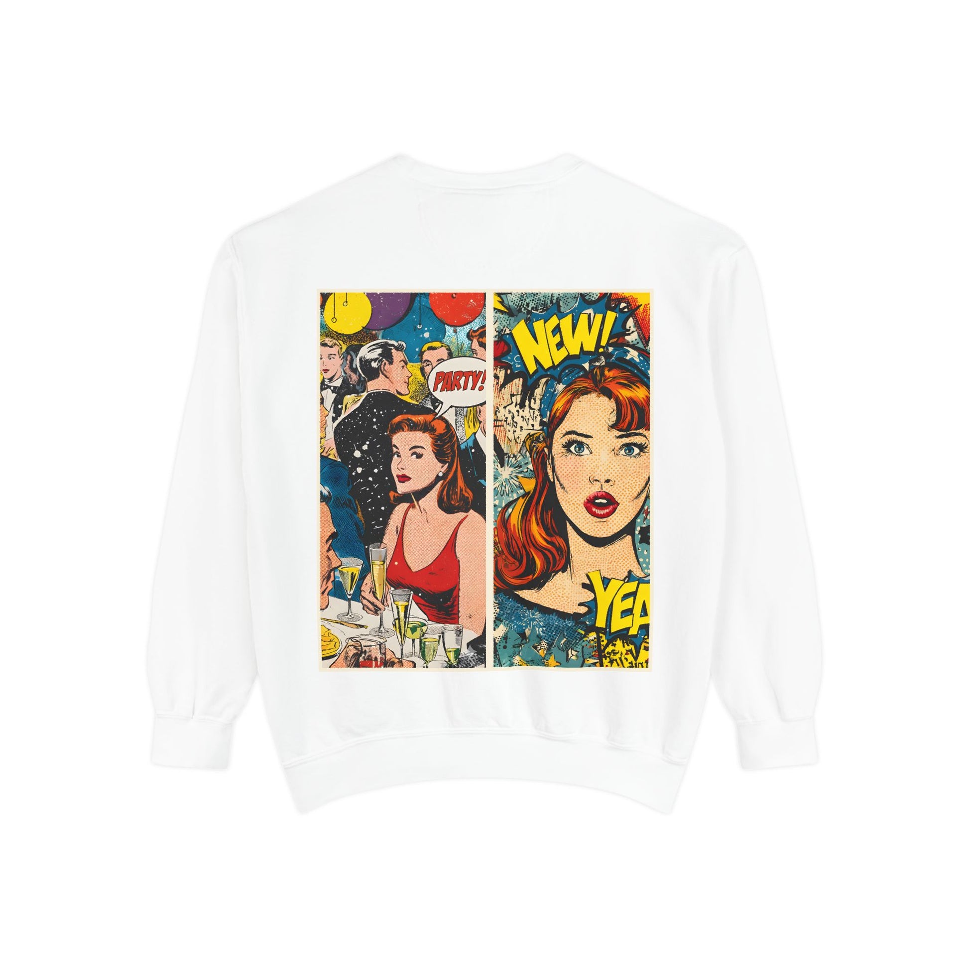Back view of a white sweatshirt with comic book-style graphics on a white background 