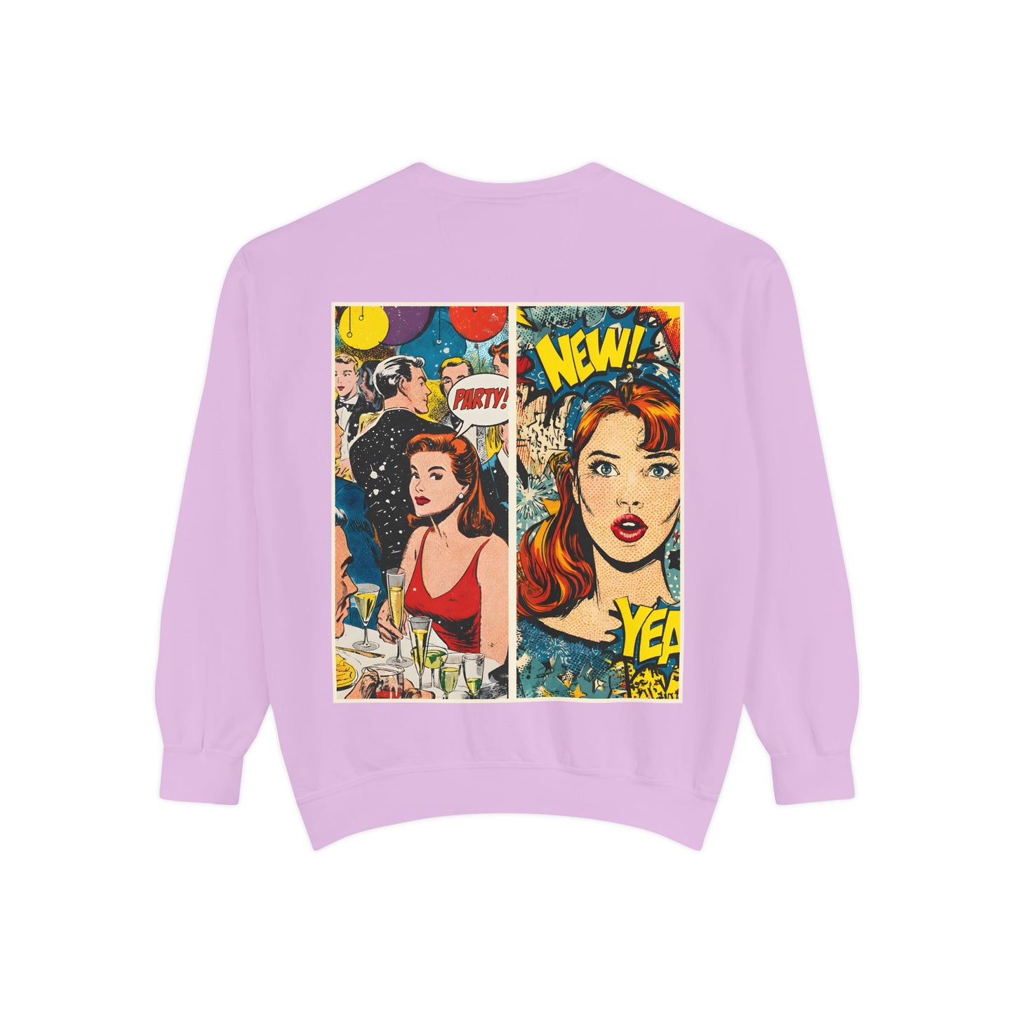 Lavender sweatshirt with comic book-style graphics on a white background