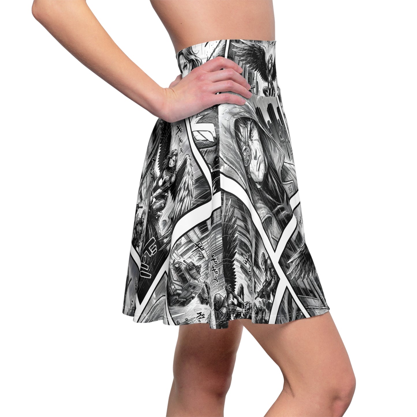 Black and white comic skater skirt - side view showing flared silhouette