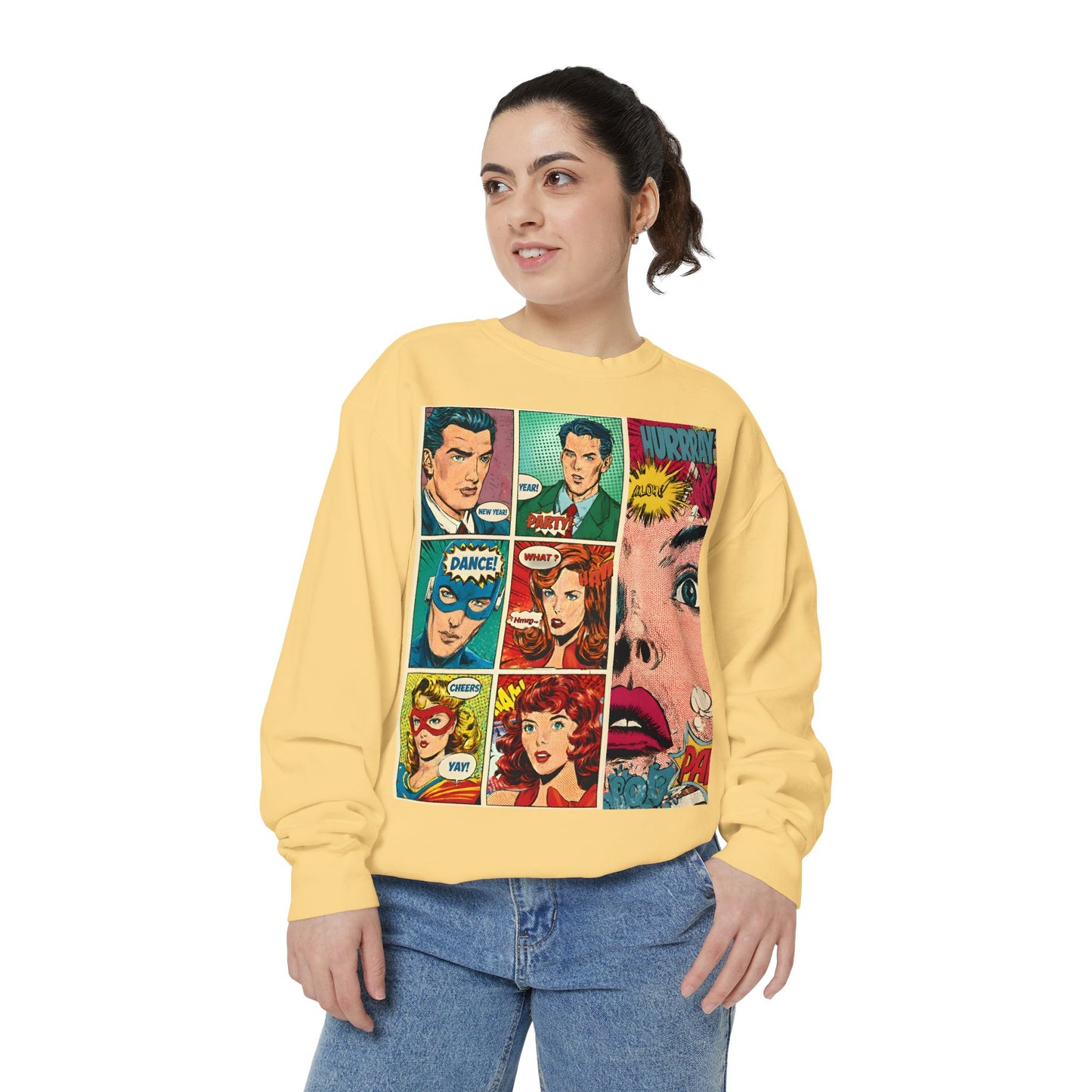 Comic Pop Art Sweatshirt — Retro Romance and Party Panels Graphic Pullover