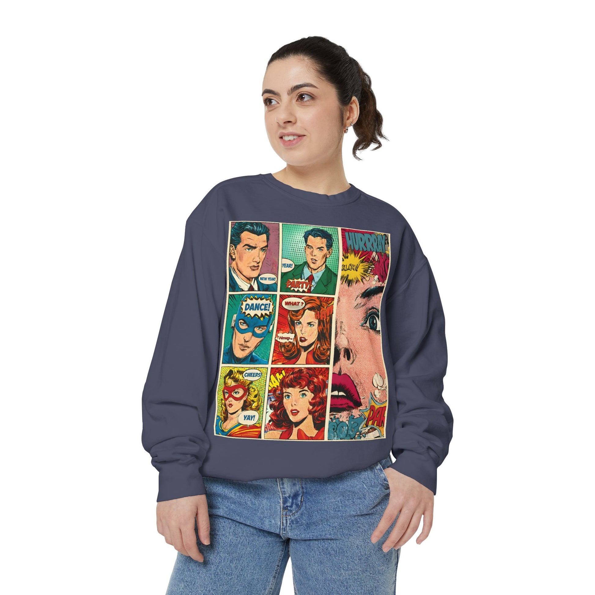 Person wearing a denim sweatshirt with comic book character design on a white background