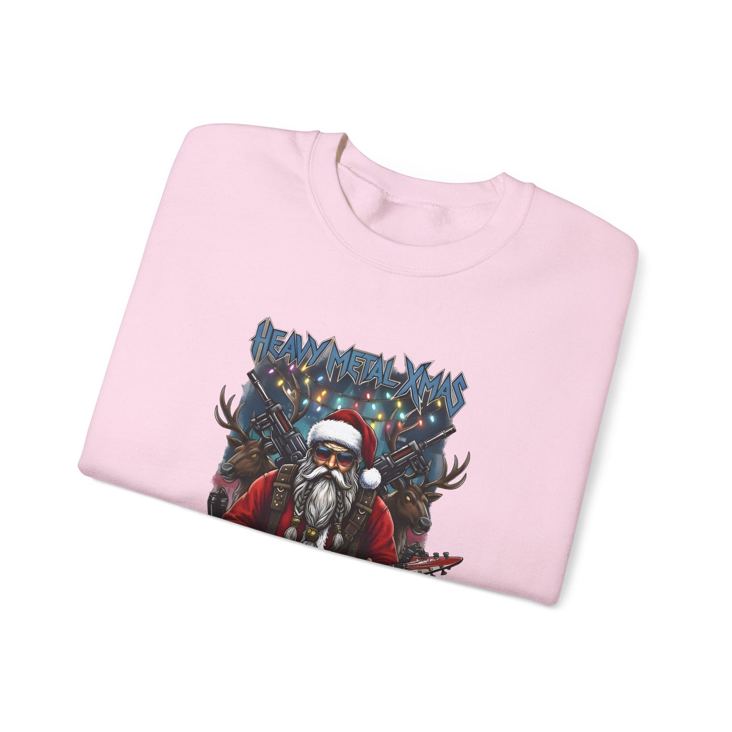 Rock n Roll Santa sweatshirt folded guitar reindeer guns 