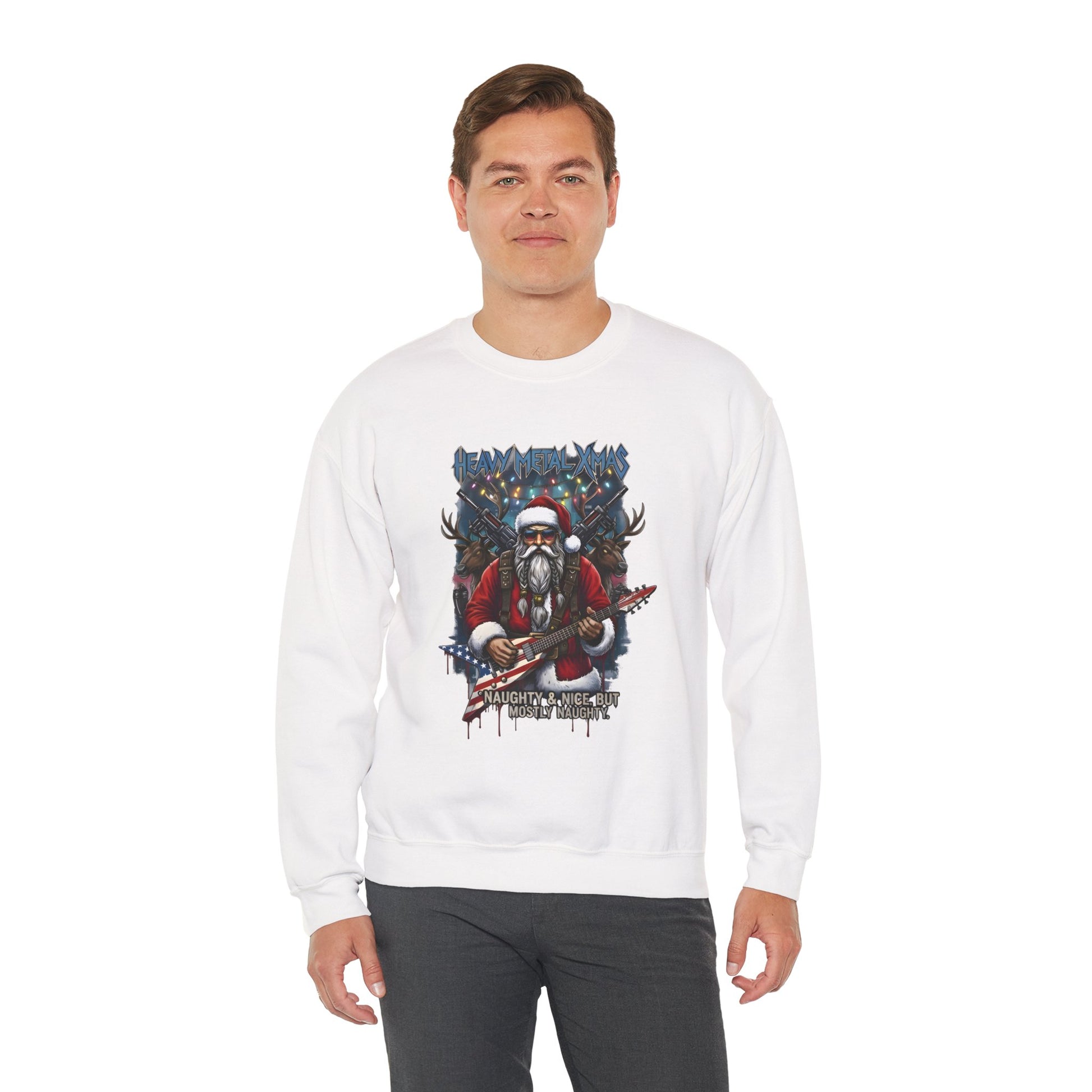 Man wearing white Heavy Metal Christmas Santa crewneck
