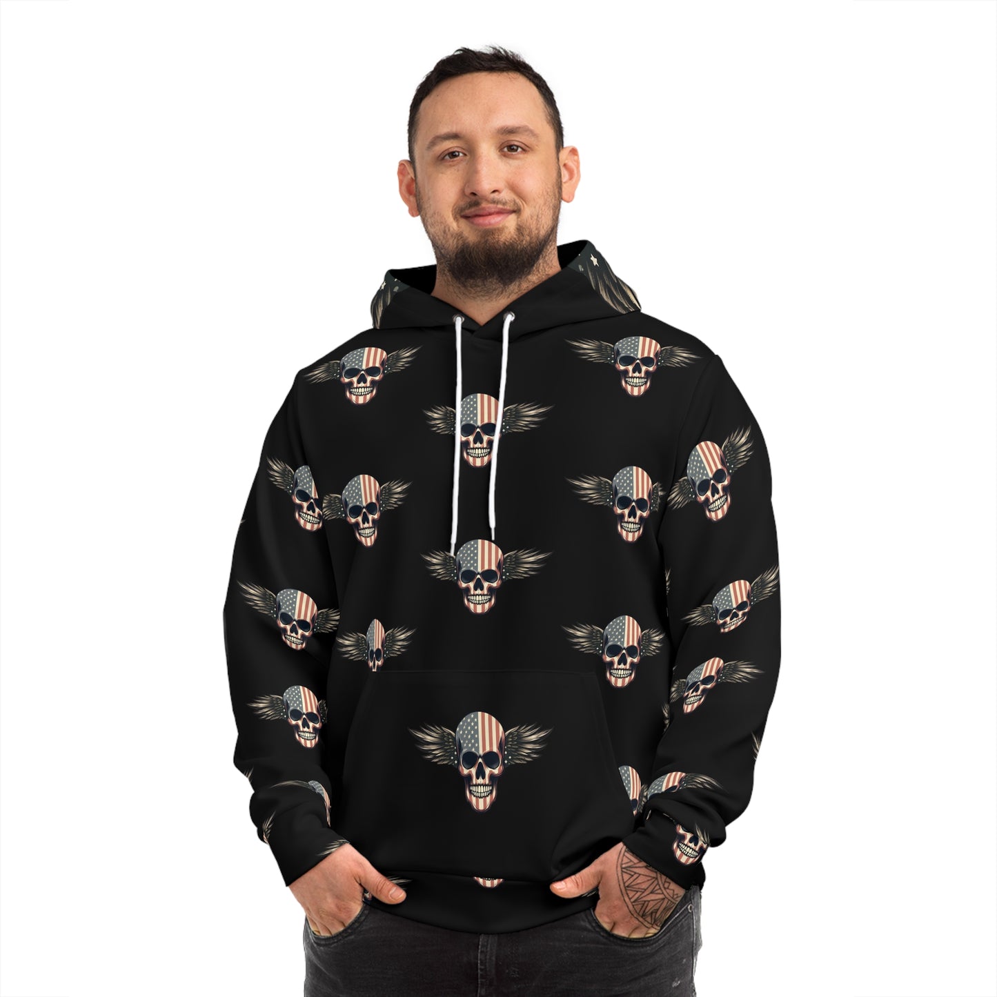 Edgy All-Over Print Hoodie – Skull & Wings Graphic