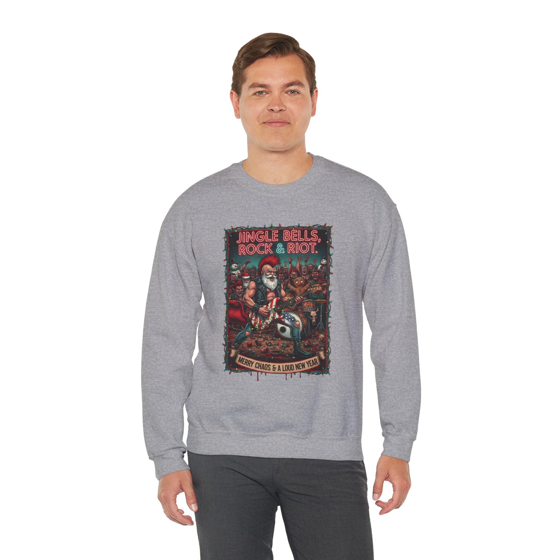 Man wearing grey Rock & Riot New Year sweatshirt