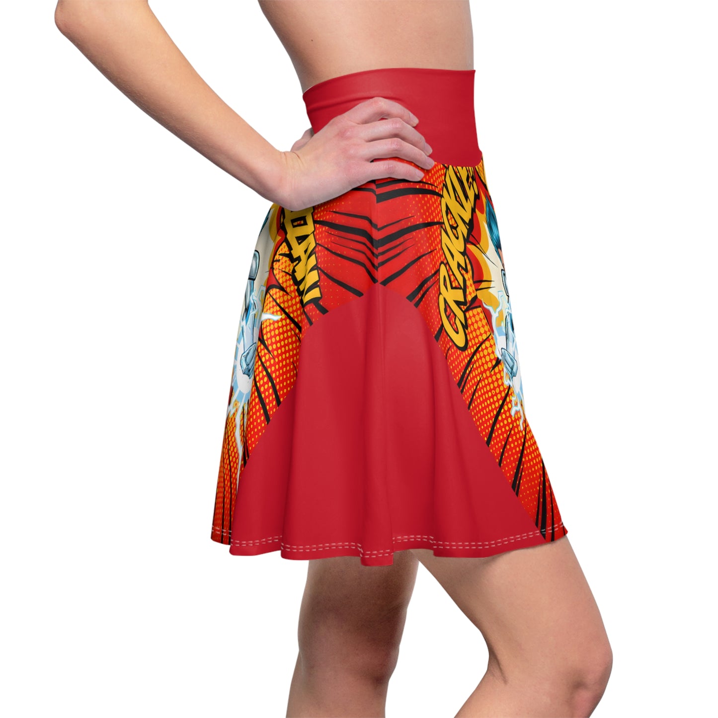 Red skirt with colorful comic-book design by a person on a white background