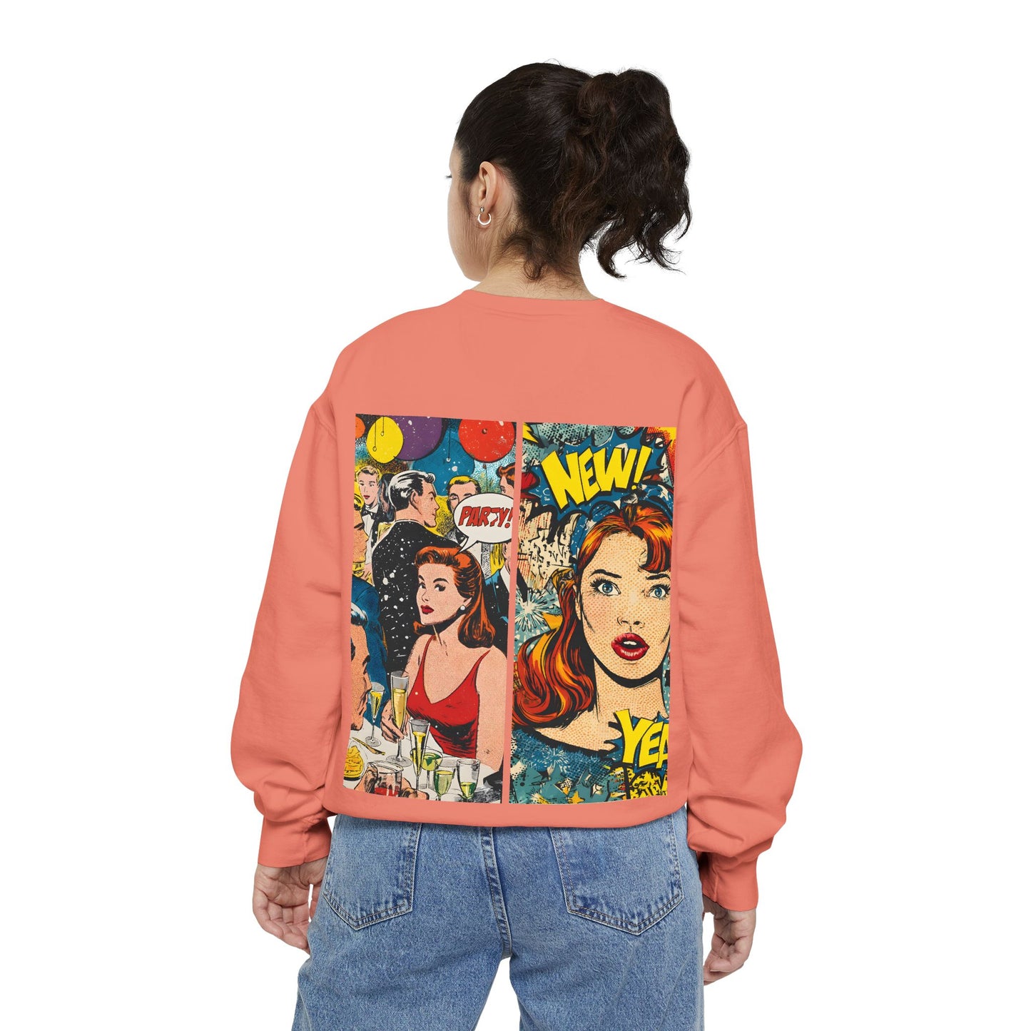 Comic Pop Art Sweatshirt — Retro Romance and Party Panels Graphic Pullover
