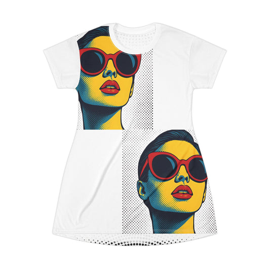 White t-shirt dress with a colorful pop art graphic of a face wearing sunglasses on a white background