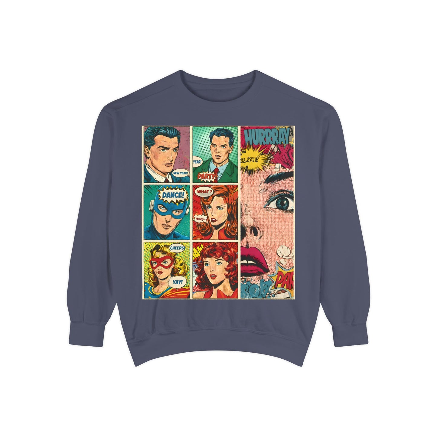 Denim sweatshirt with comic book-style graphic on a white background