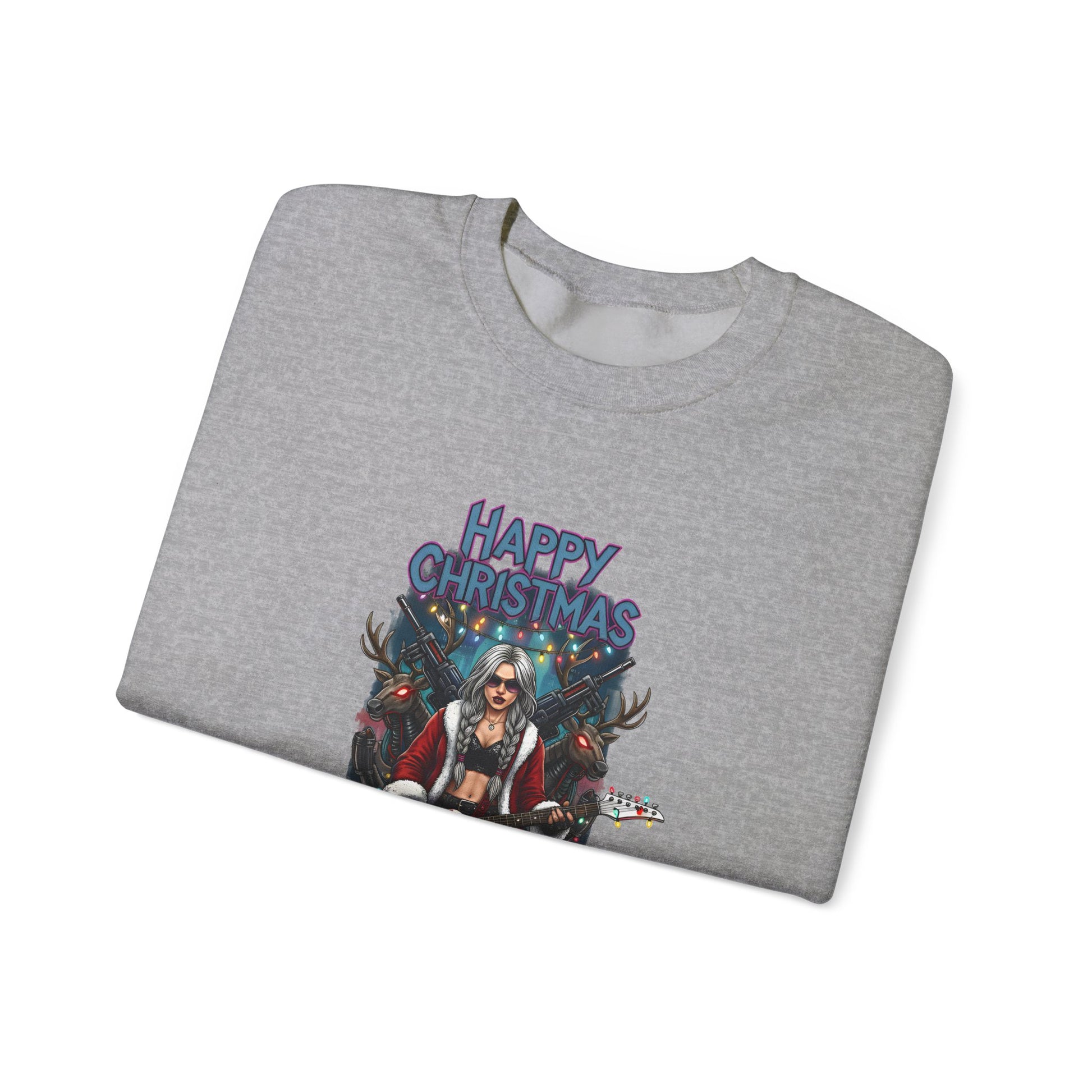 Folded gray sweatshirt reindeer guns guitar and rock and roll 
