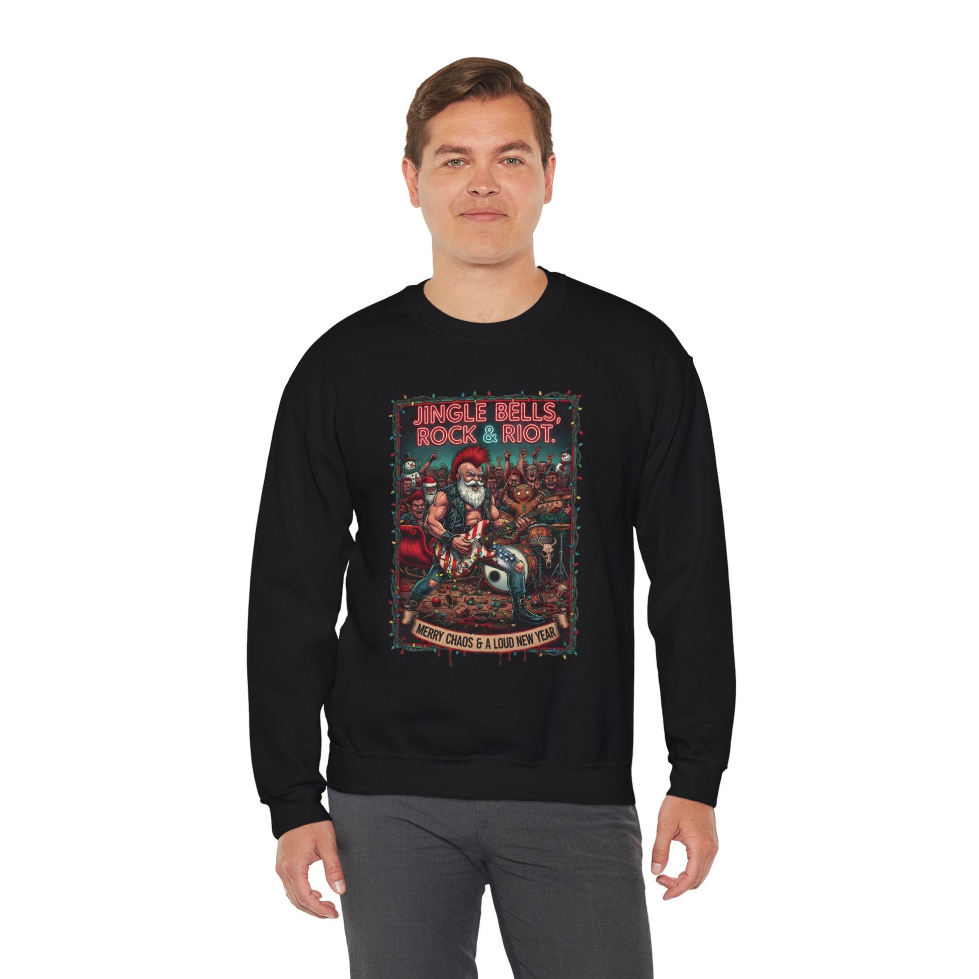 Man wearing black Rock & Riot New Year sweatshirt
