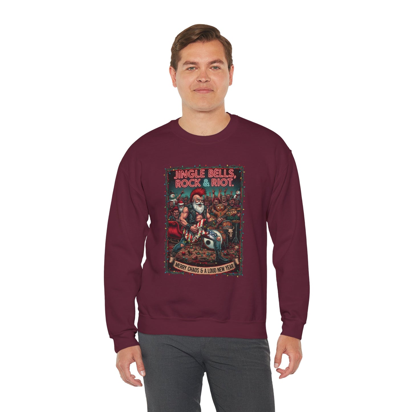 Man wearing maroon Rock & Riot Merry Chaos sweatshirt