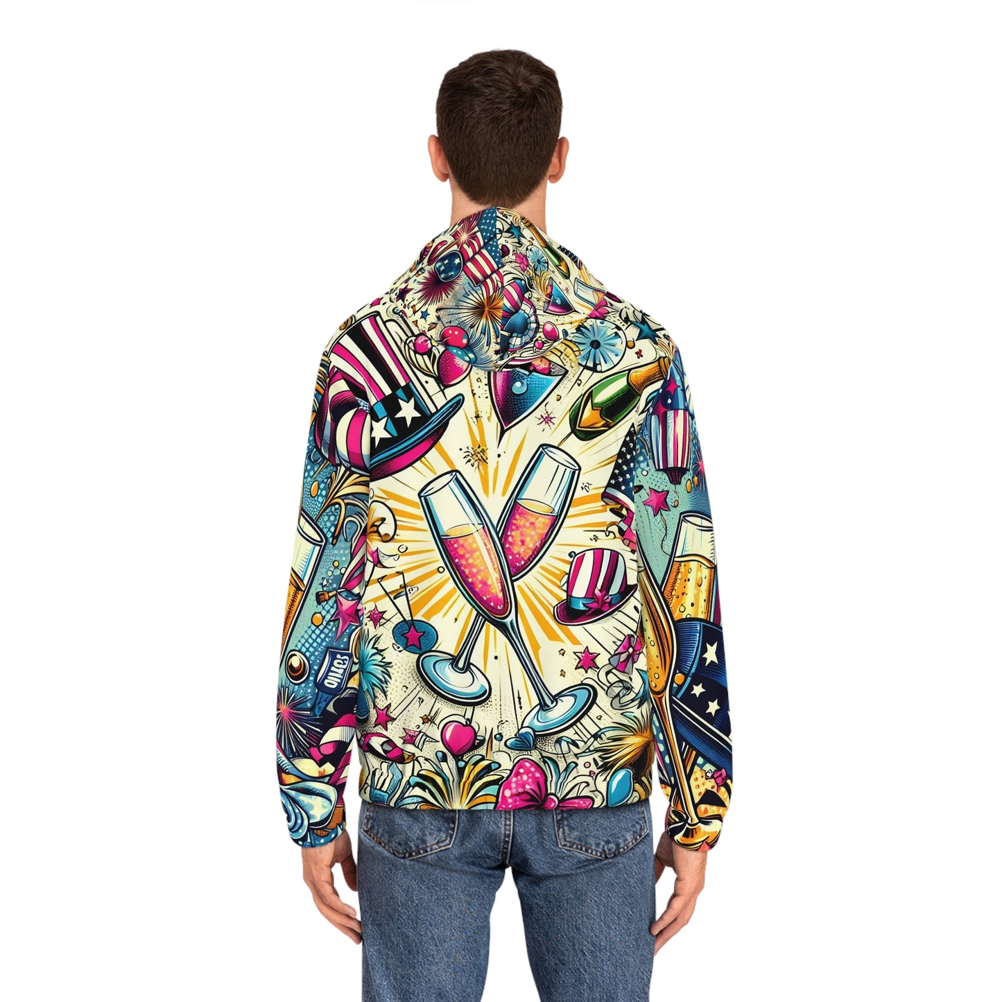 Retro Celebration  Hoodie — Americana Fireworks & Champagne  New Year All-Over Zip-Up