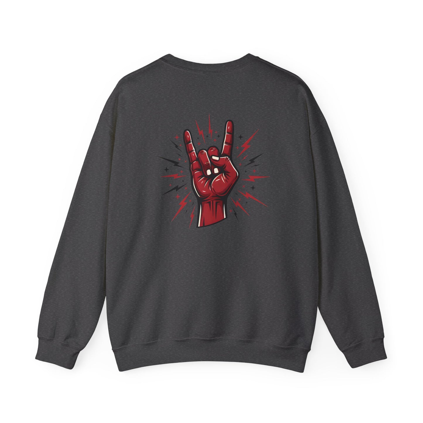 Rock hand sign on grey sweatshirt back