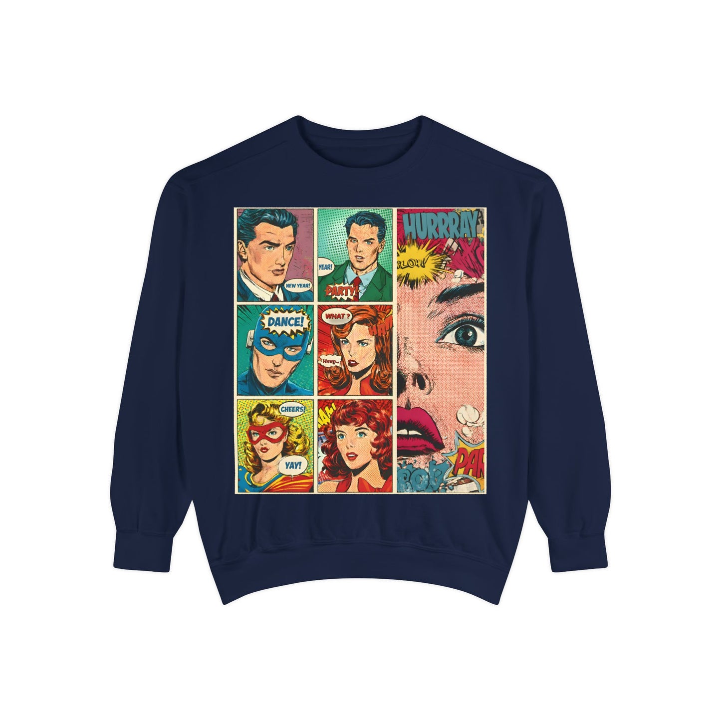 Navy blue sweatshirt with comic book-style graphics on a white background