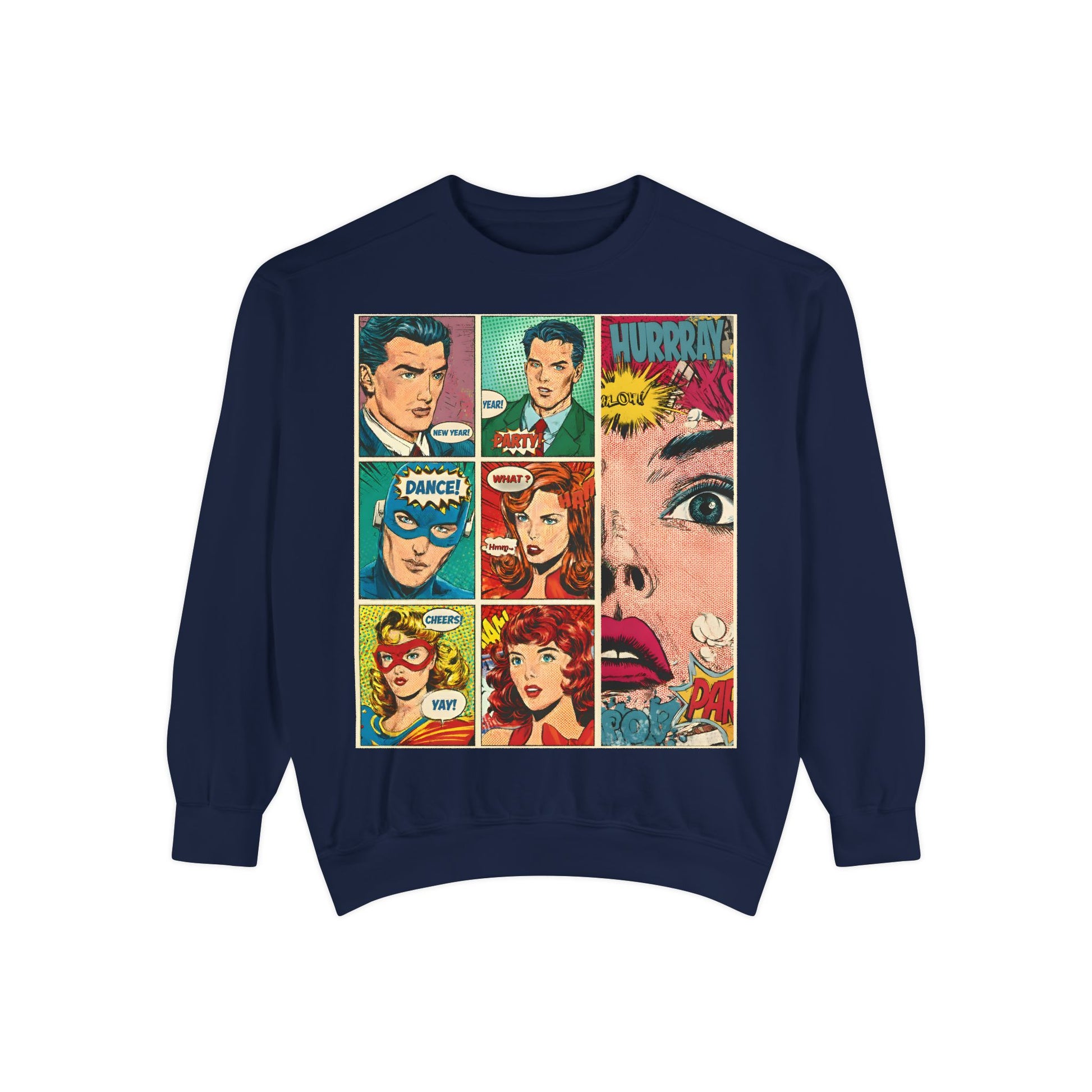 Navy blue sweatshirt with comic book-style graphics on a white background