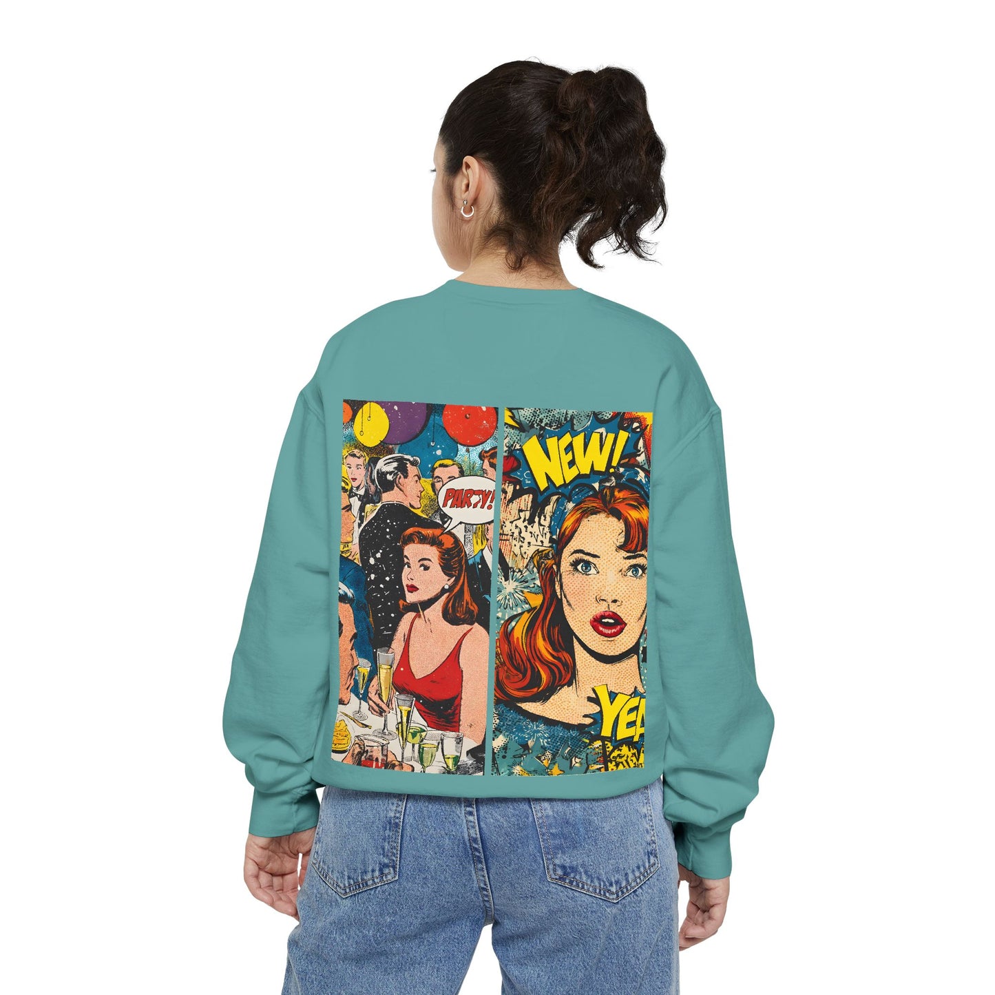 Comic Pop Art Sweatshirt — Retro Romance and Party Panels Graphic Pullover