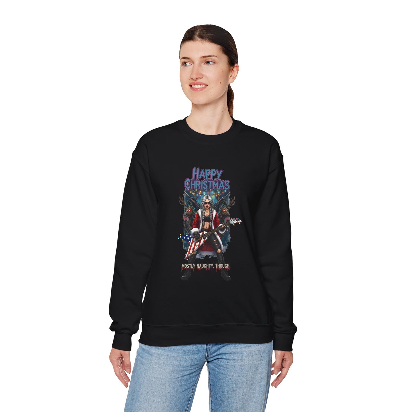 Person wearing a black sweatshirt with design  girl American flag guitar and 'Happy Christmas' text.