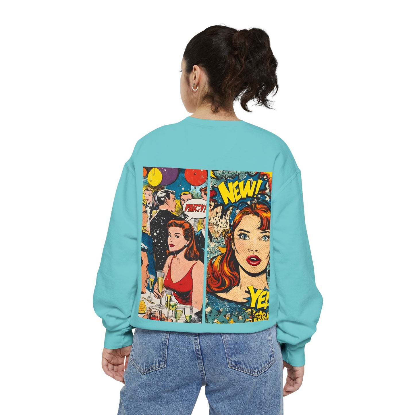 Comic Pop Art Sweatshirt — Retro Romance and Party Panels Graphic Pullover
