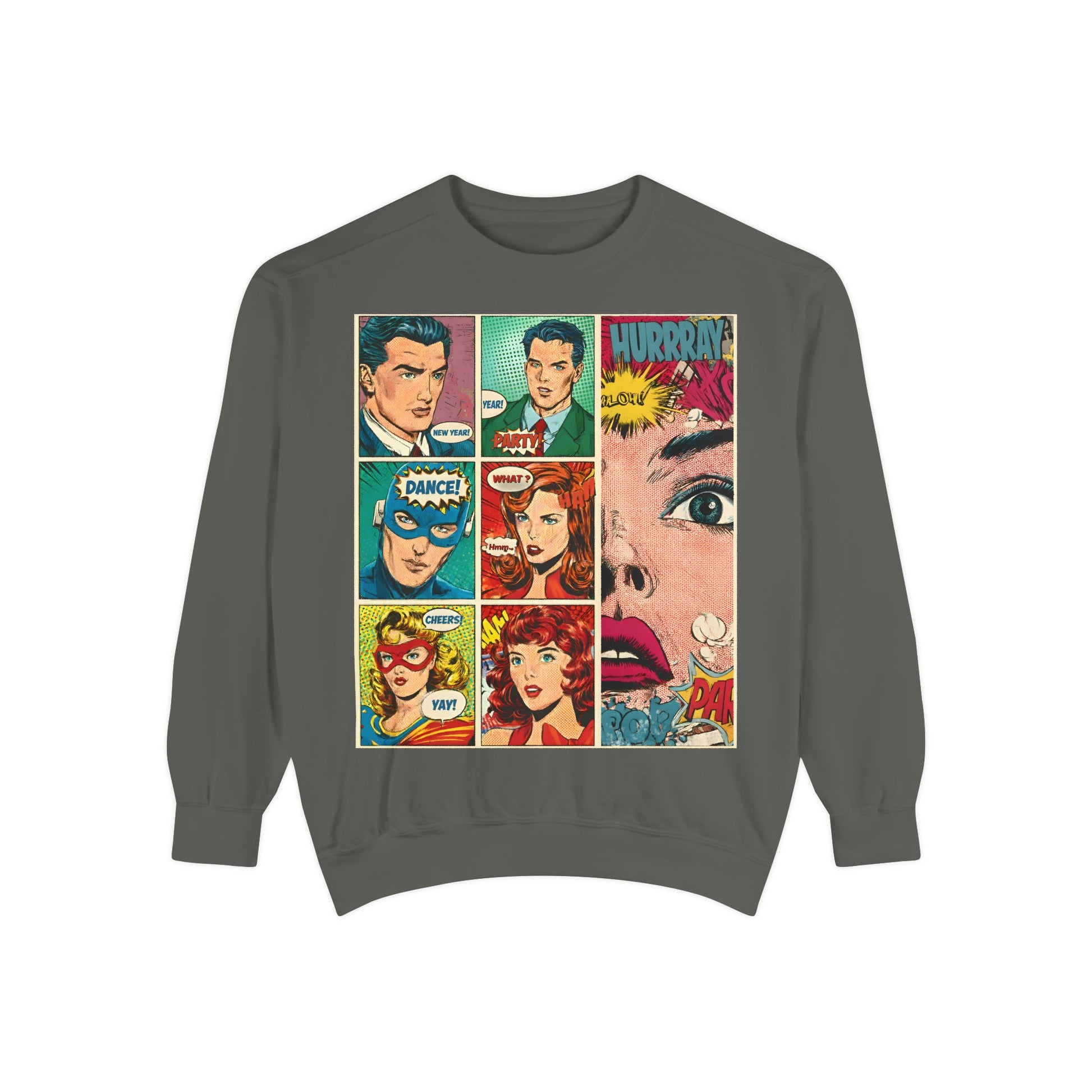 Gray sweatshirt with comic book-style graphics on a white background