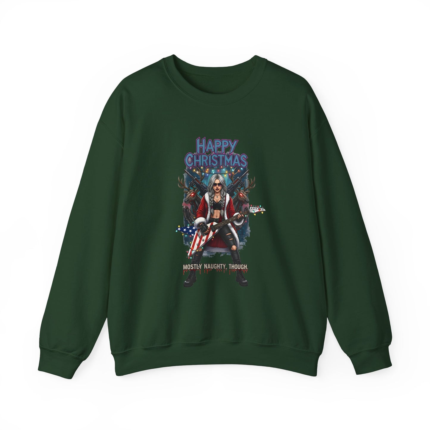 Green sweatshirt Santa girl American guitar Happy Christmas  Most Naughty text