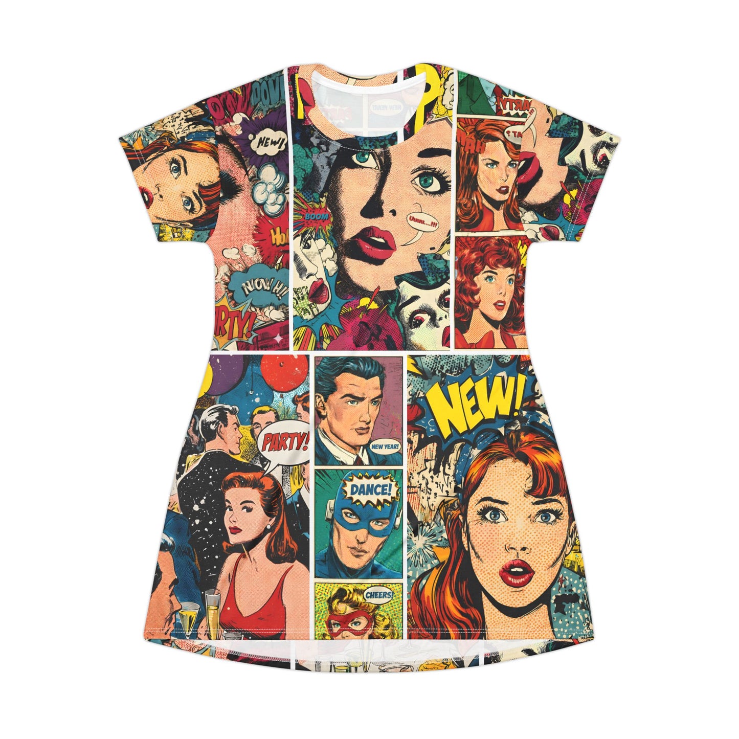 Pop Art Comic Panel T-Shirt Dress — Retro Graphic Novel Print