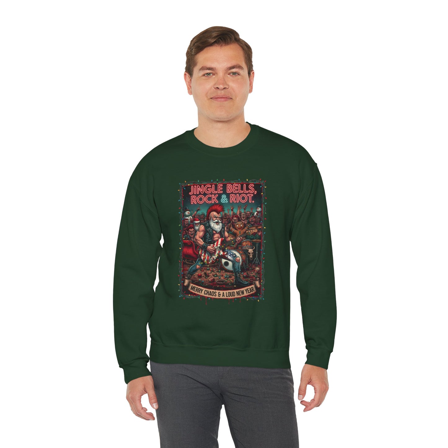Man wearing green Rock & Riot New Year sweatshirt