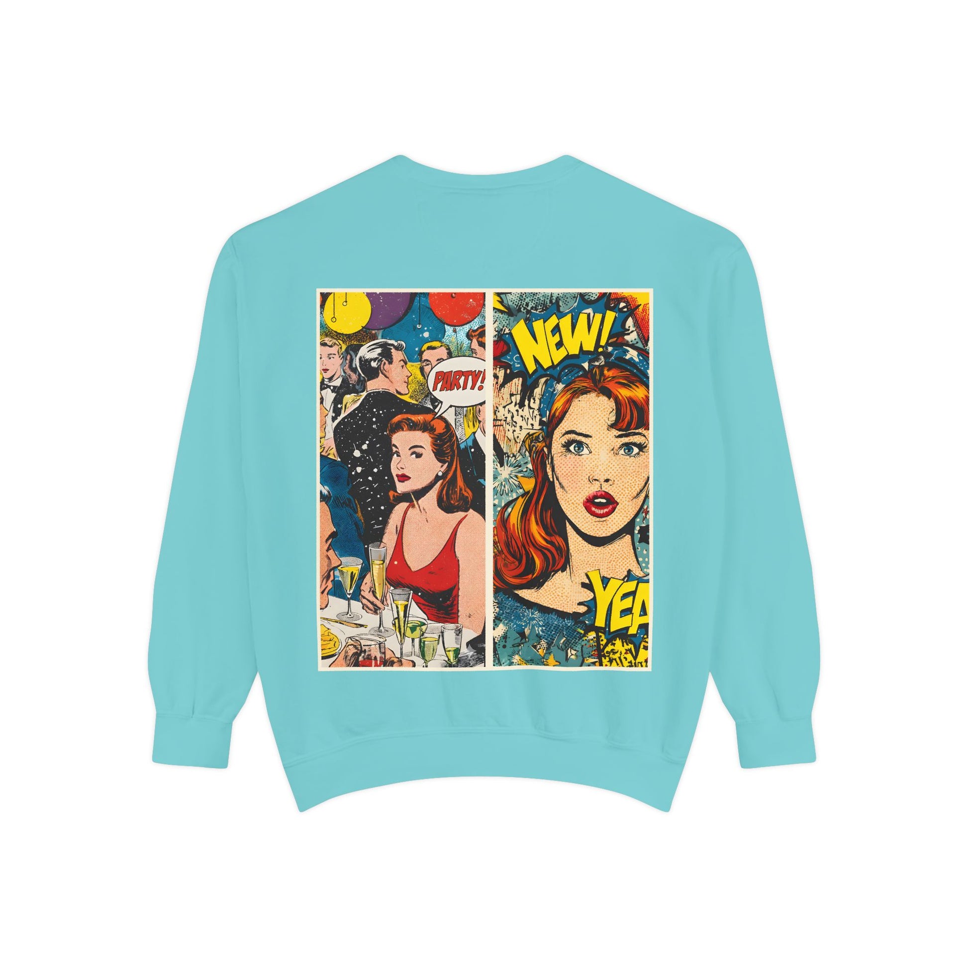 Light blue sweatshirt with comic book-style graphics on the back