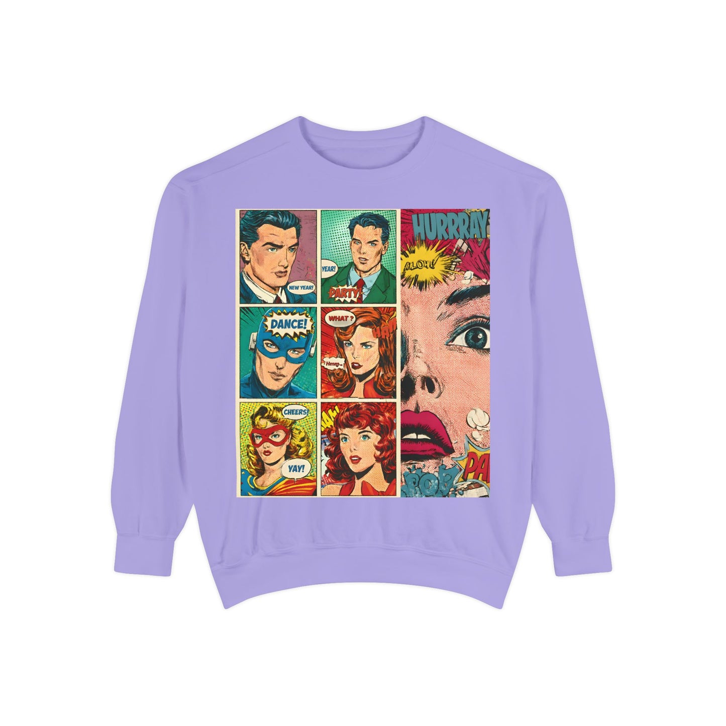 Comic Pop Art Sweatshirt — Retro Romance and Party Panels Graphic Pullover
