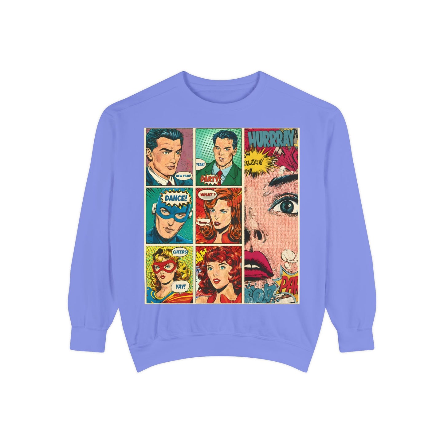 Purple sweatshirt with comic book character faces on a white background