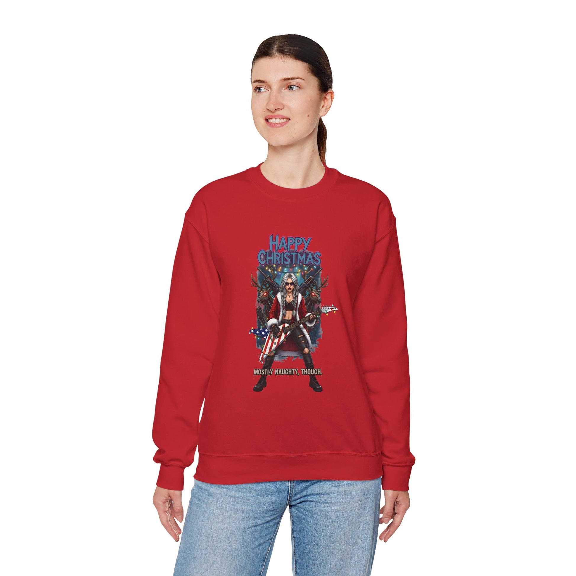Red sweatshirt  American heavy metal guitar reindeer guns Happy Christmas letters