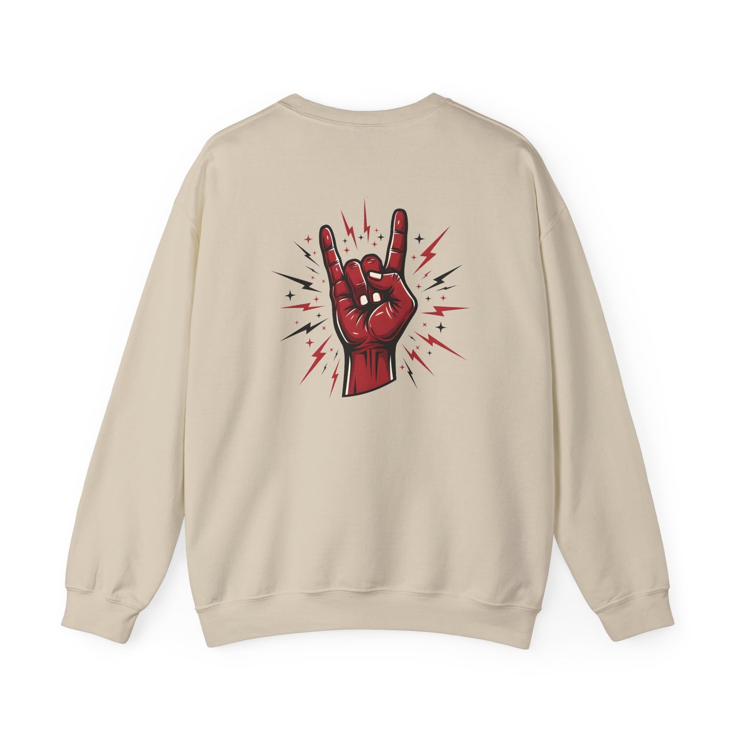 Rock hand sign on beige sweatshirt back
