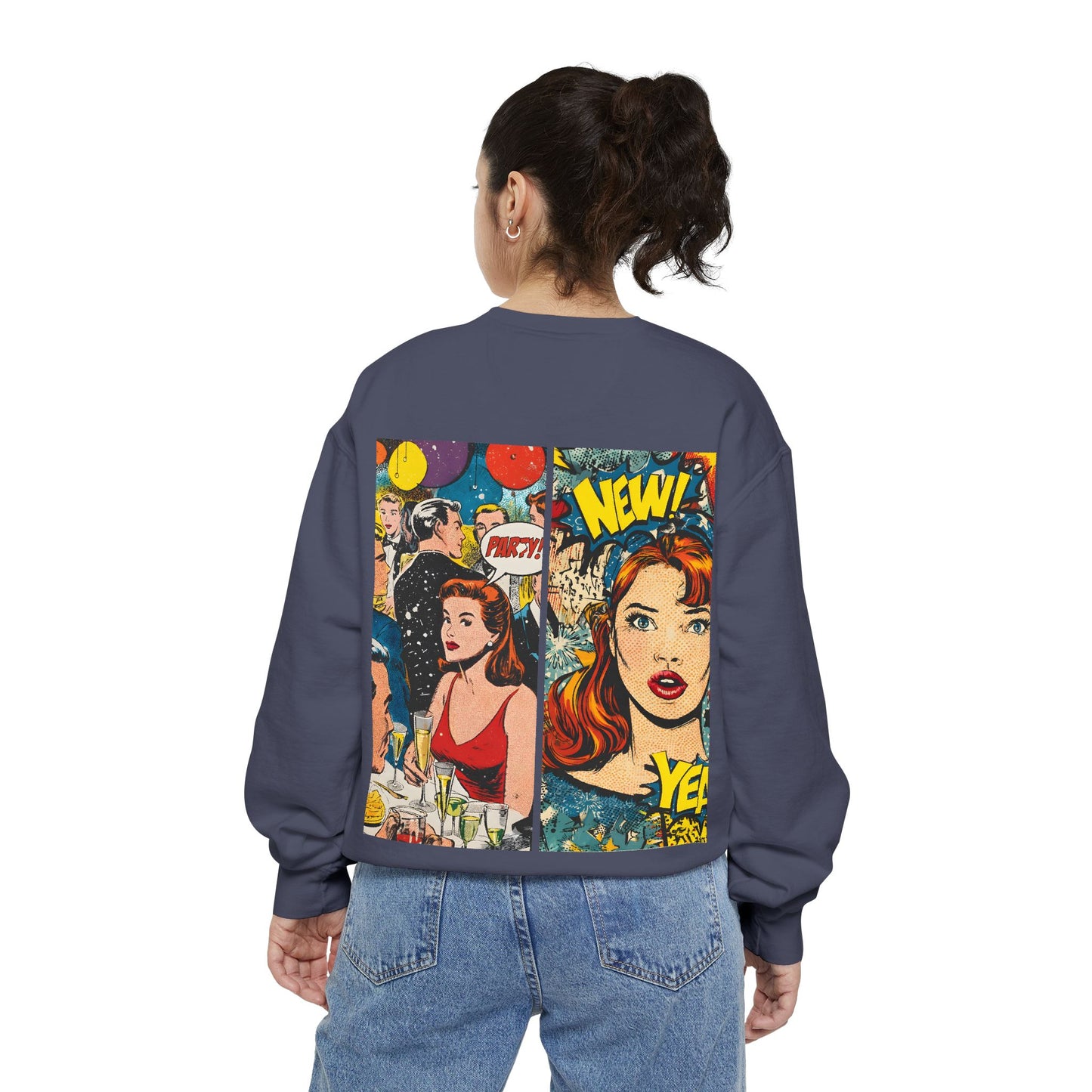Comic Pop Art Sweatshirt — Retro Romance and Party Panels Graphic Pullover