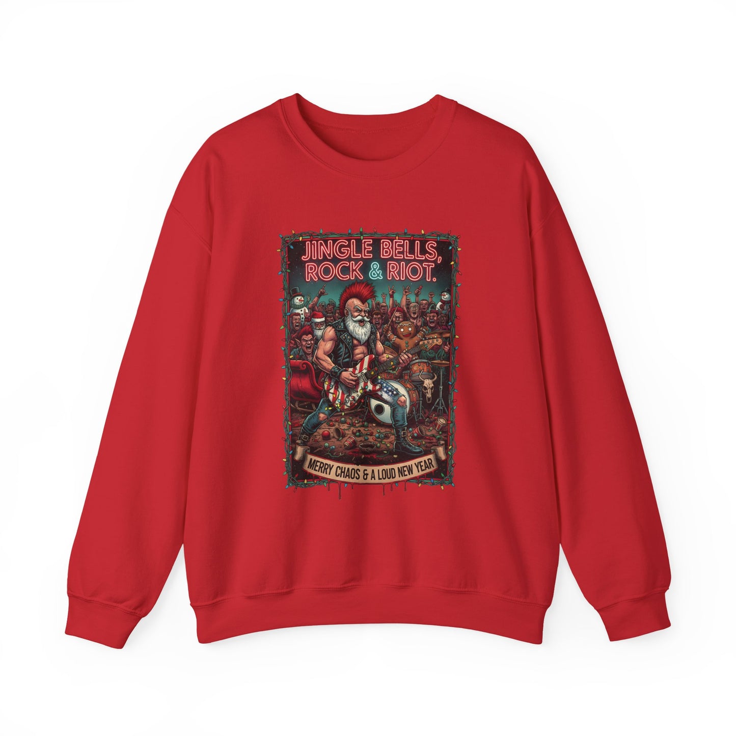 Red Rock & Riot Christmas sweatshirt with Santa poster