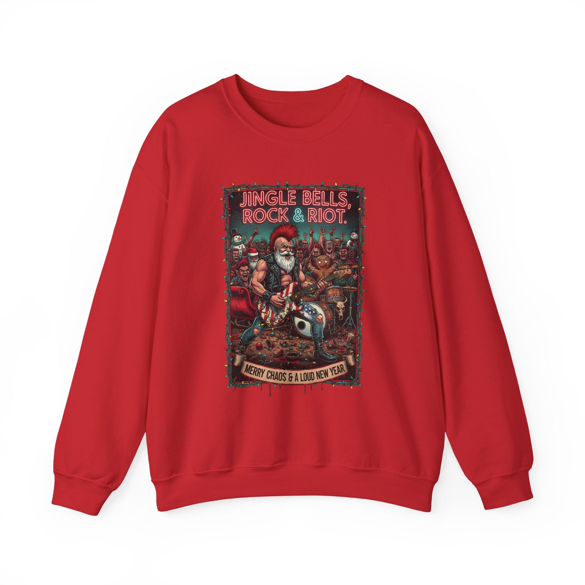 Red Rock & Riot Christmas sweatshirt with Santa poster