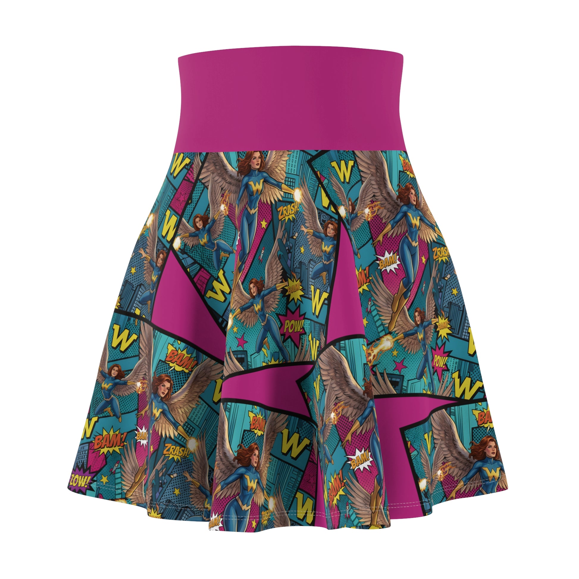 Skirt with superhero comic design and purple waistband on a white background