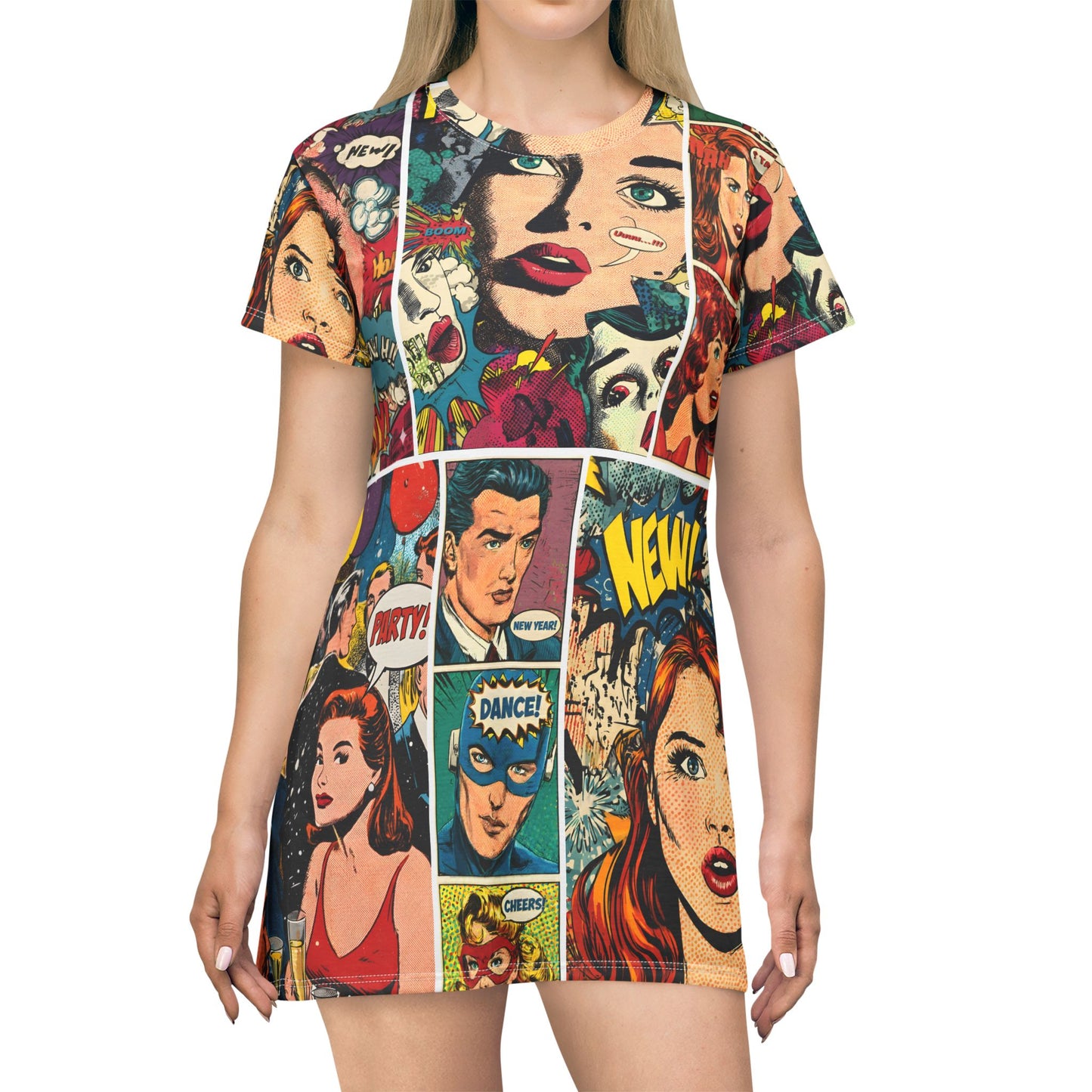 Pop Art Comic Panel T-Shirt Dress — Retro Graphic Novel Print