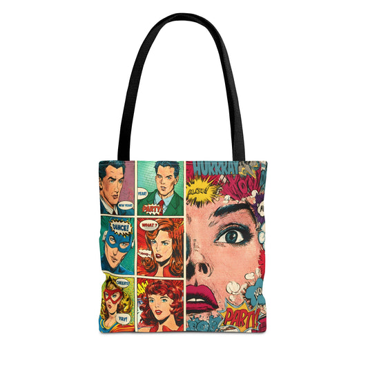 Tote bag with comic book-style design featuring faces and expressions on a white background