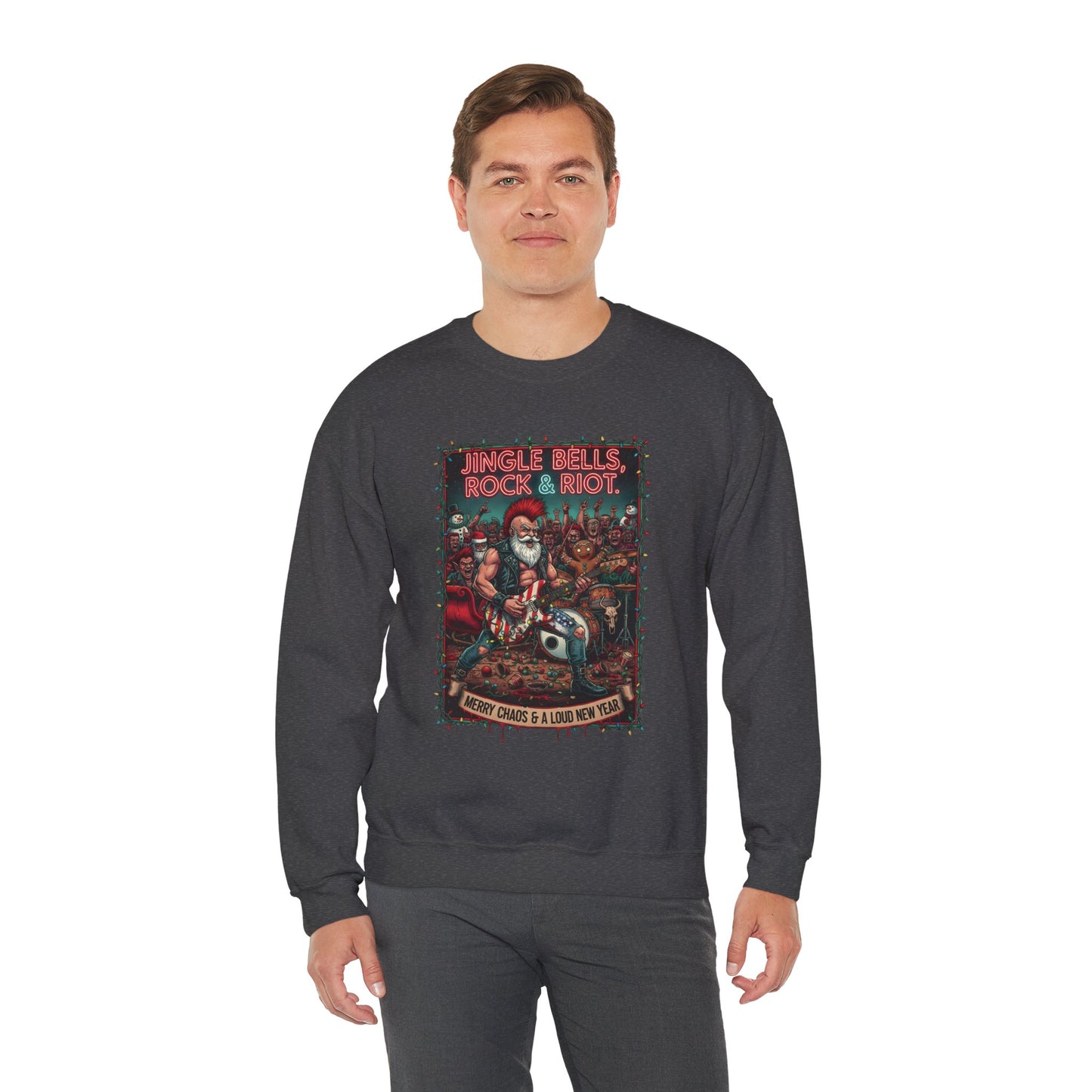 Man wearing grey Rock & Riot New Year sweatshirt