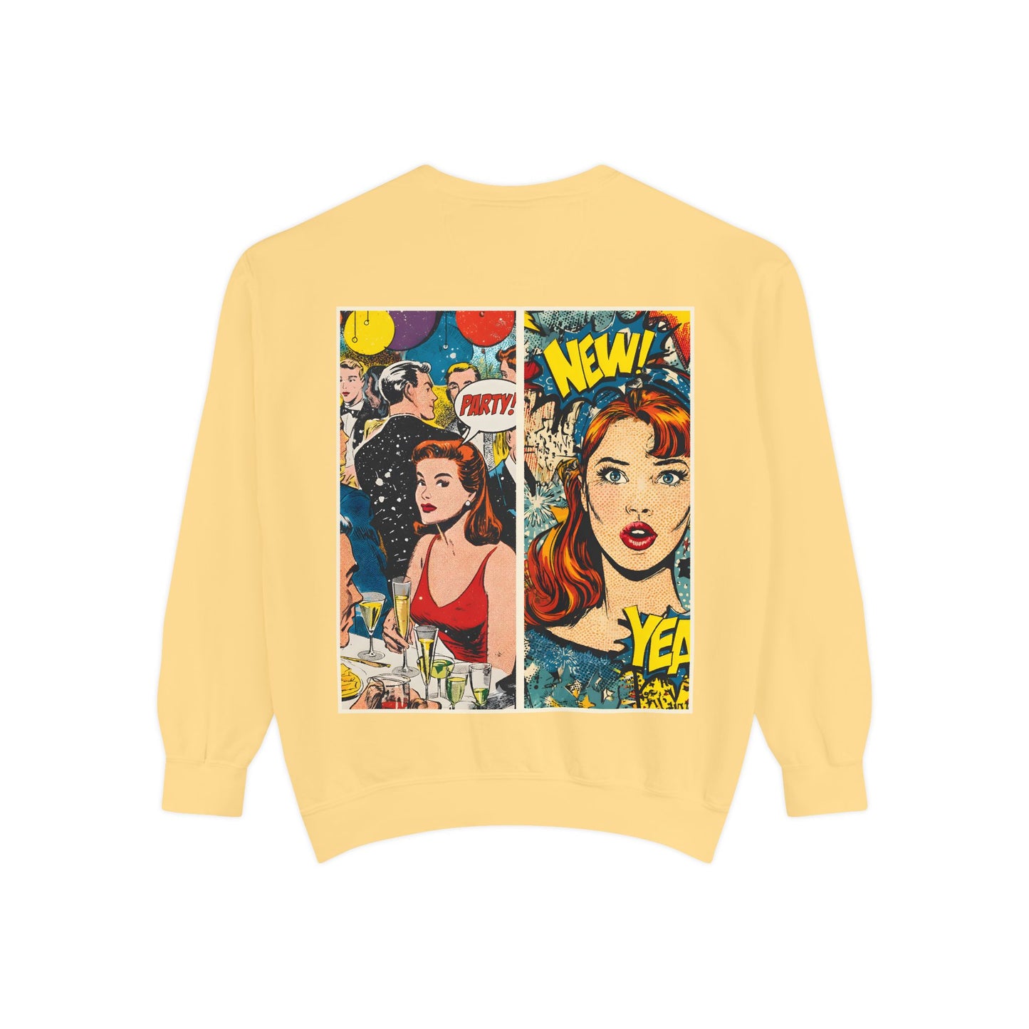 Yellow sweatshirt with a comic book-style graphic on the back