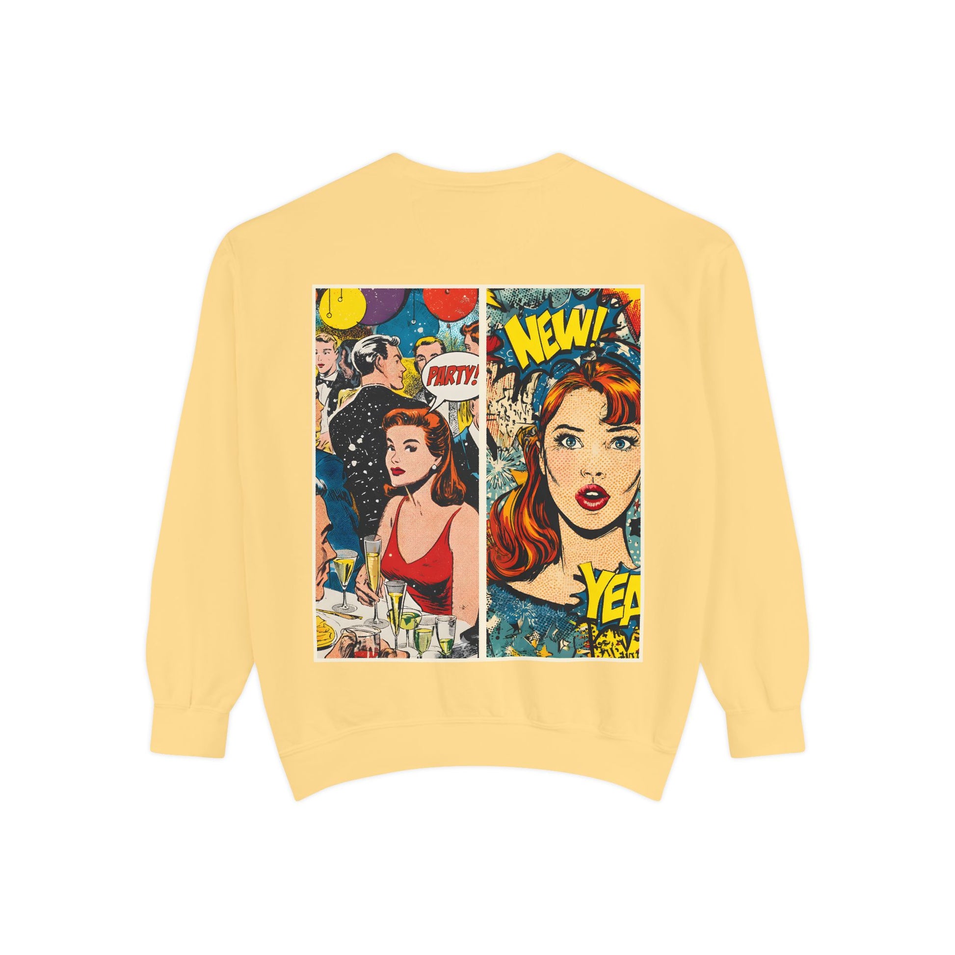 Yellow sweatshirt with a comic book-style graphic on the back