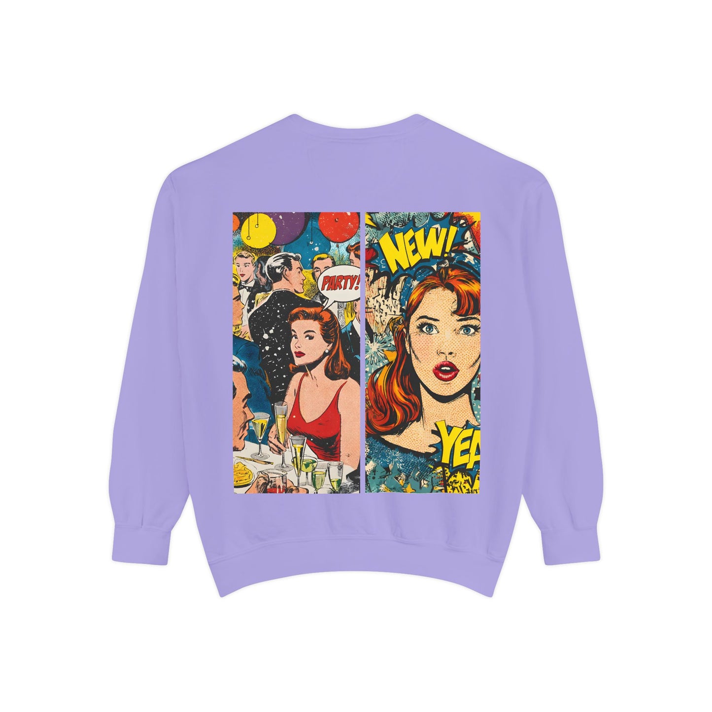 Comic Pop Art Sweatshirt — Retro Romance and Party Panels Graphic Pullover
