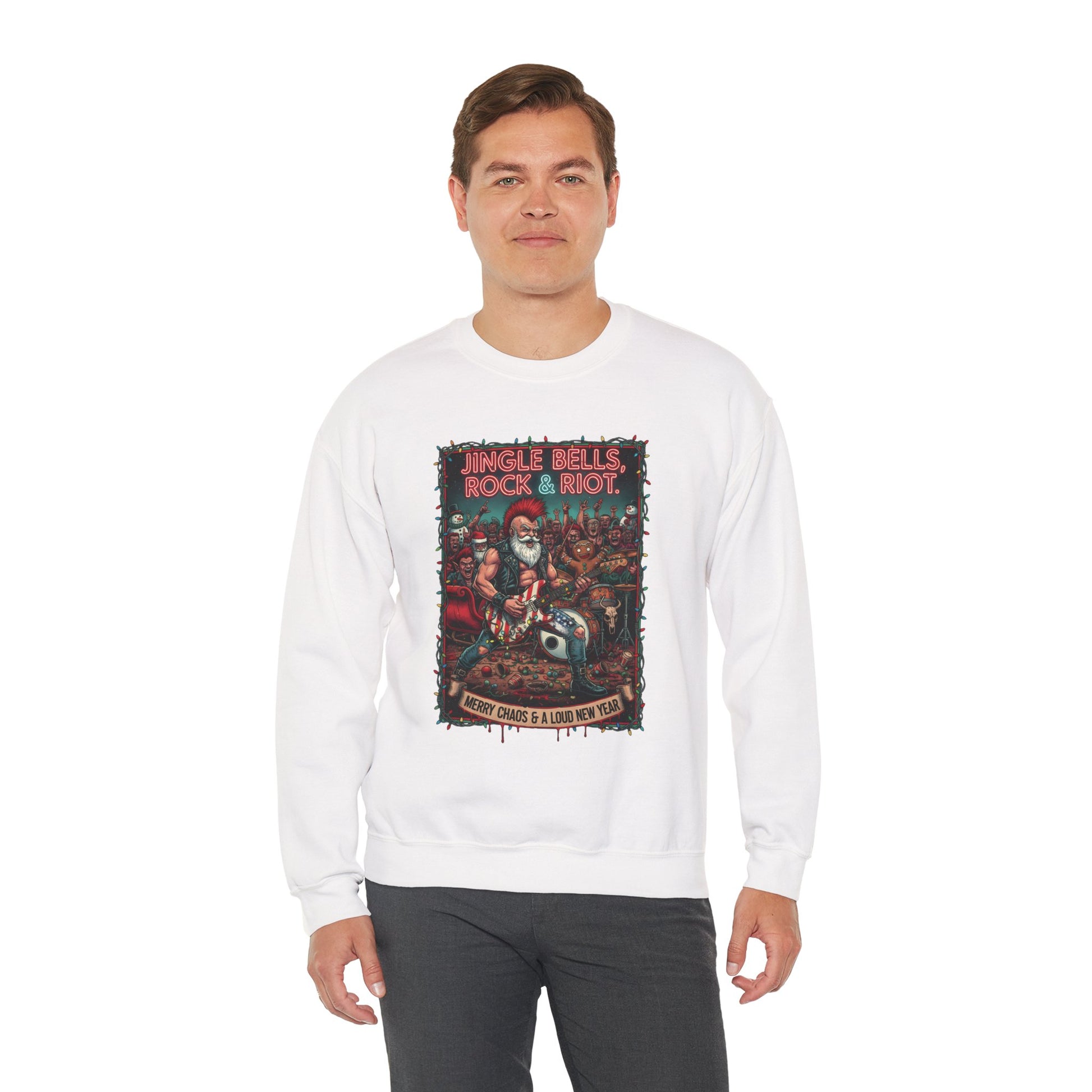 Man wearing white Rock & Riot Merry Chaos sweatshirt